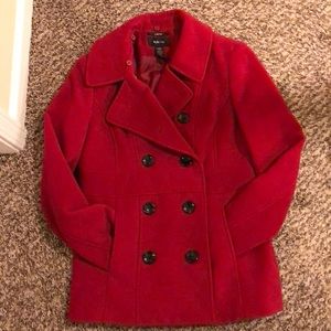 Red peacoat with detachable hood
